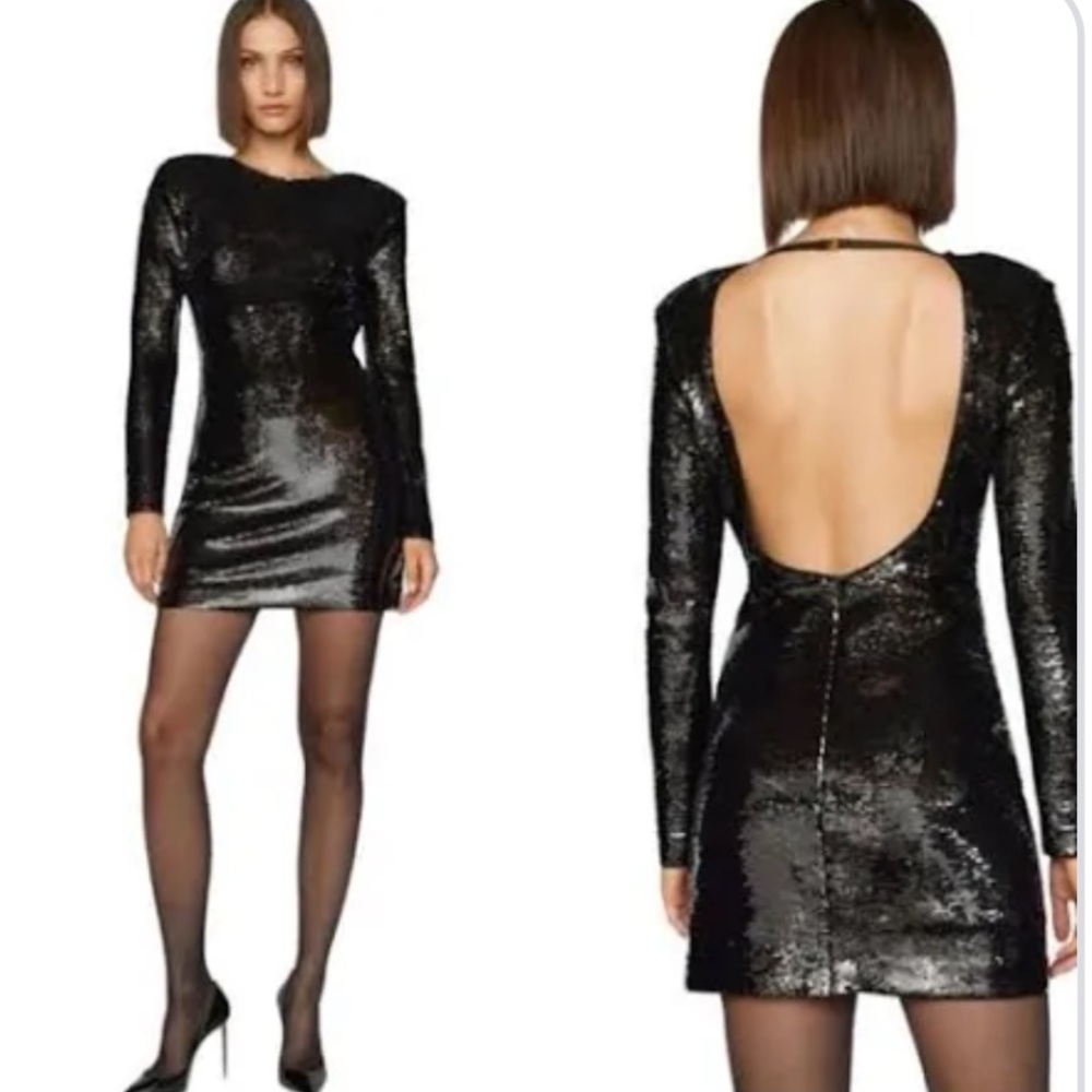 NWT Frame black sequin open back mini dress